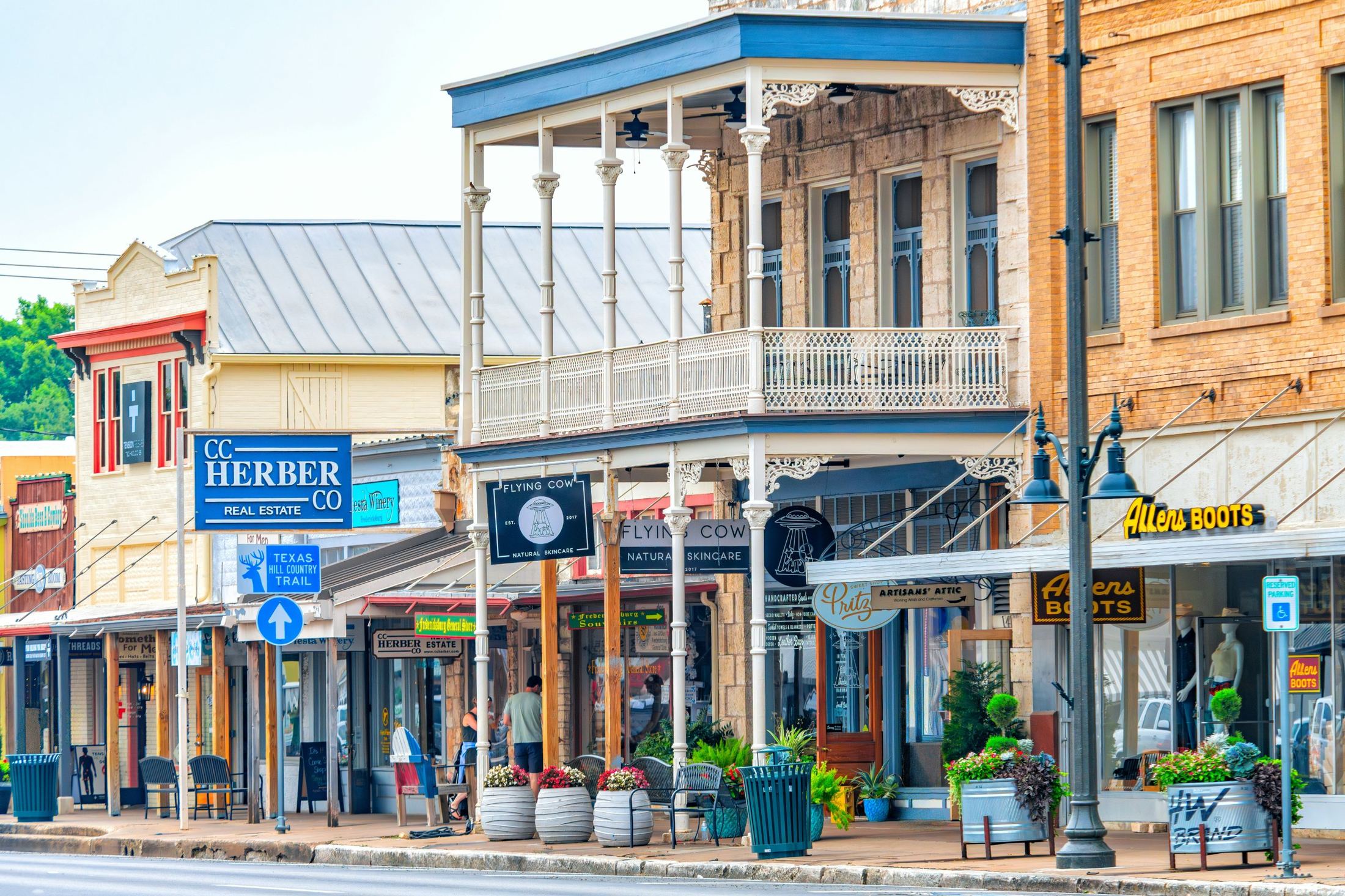 Historic brick storefronts along a small-town main street